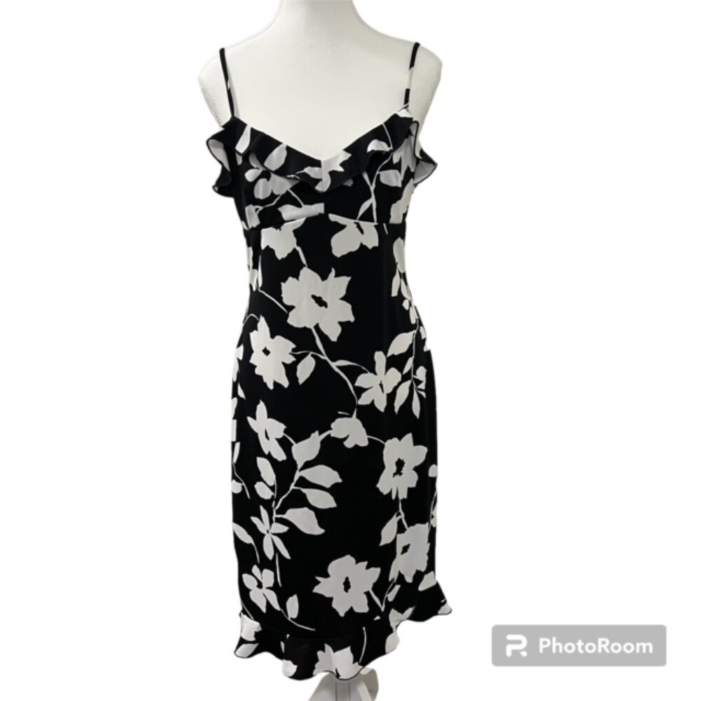 Next Up Womens L Black White Floral Ruffle Spaghetti Strap Midi Dress Y2K